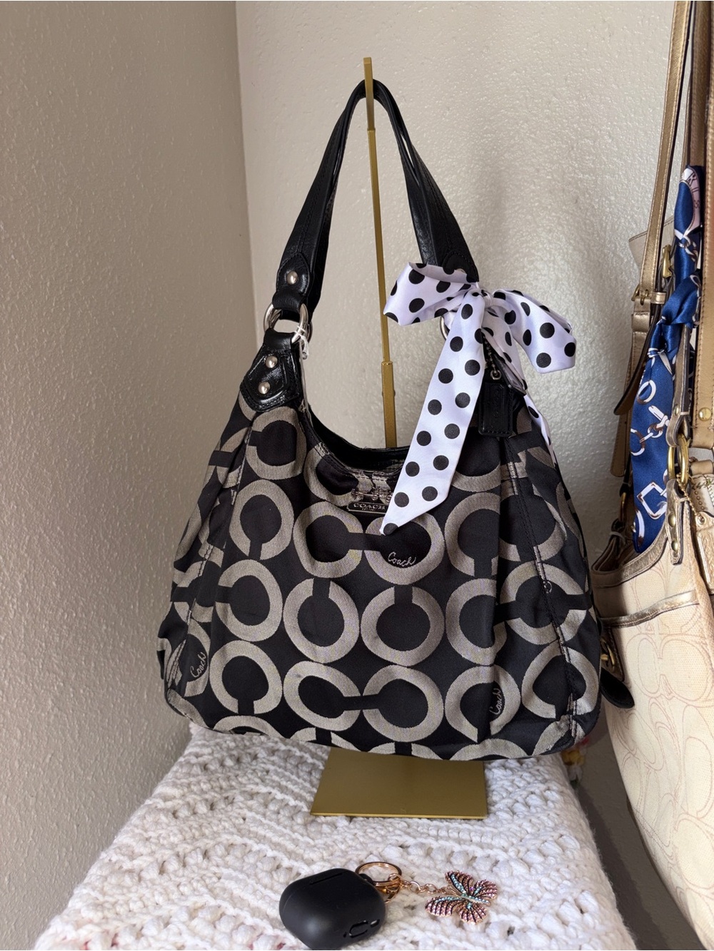 Coach Black and Gray Signature Circle Print Shoulder Bag with Polka Dot Bow
